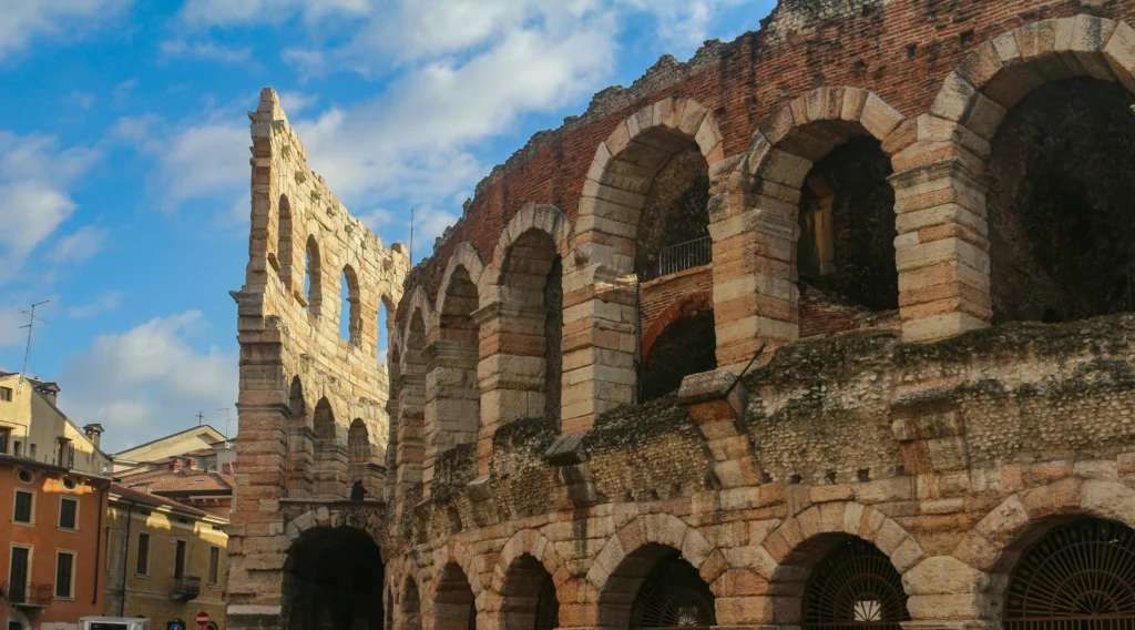detail of the Verona Arena with blue sky in the background